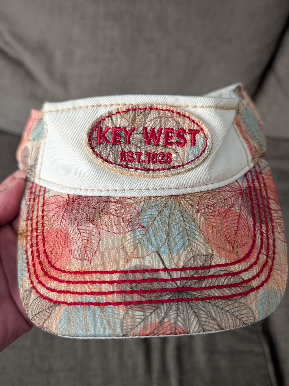 KEY WEST Visor Hat in Coral, Teal & Tan Leaf Print